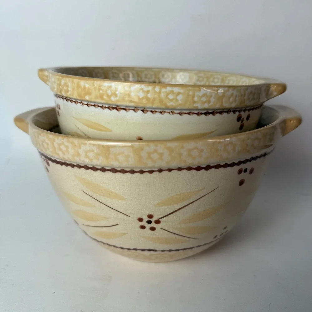 Temp-Tations Old World Yellow Handled Round Serving Bowls Set of 2 Ceramic
